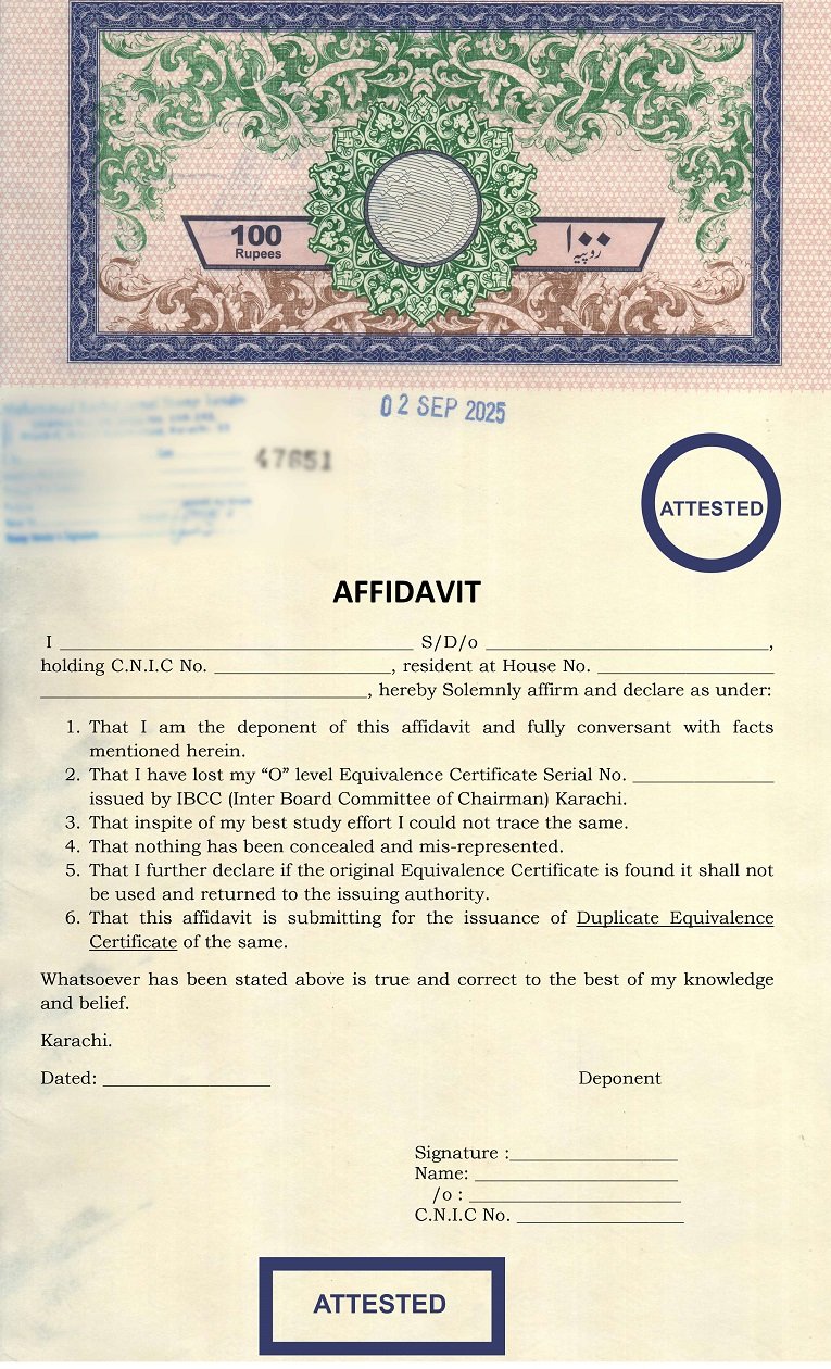 duplicate equivalence certificate affidavit, affidavit for lost equivalence certificate, IBCC duplicate equivalence certificate format, affidavit for O Level equivalence certificate, how to get duplicate equivalence certificate Pakistan, affidavit for IBCC certificate loss, issuance of duplicate equivalence certificate, lost equivalence certificate affidavit format, affidavit format for duplicate certificate, legal affidavit for certificate loss,