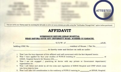 Affidavit, Staff Recruitment, FCPS-II Training, KIRAN Hospital, Karachi, Legal declaration, Residency,