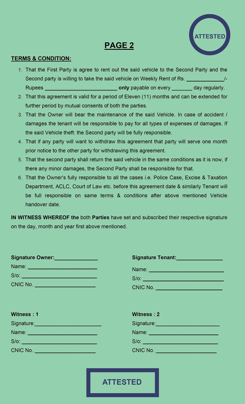 page 2 - Agreement of Rent Vehicle, Rent Vehicle, Car Rent, Bike Rent, Bus Rent,