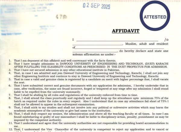Dawood University, dawood university admission, admission, affidavit, DUET admission affidavit, Dawood University affidavit form, DUET admission undertaking form, Dawood University admission rules, Engineering university affidavit Pakistan, DUET Karachi affidavit PDF, Dawood University student undertaking,