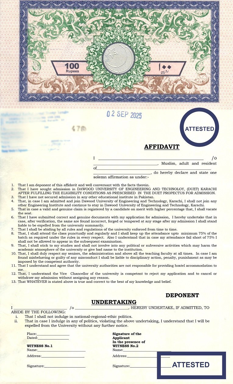 Dawood University, dawood university admission, admission, affidavit, DUET admission affidavit, Dawood University affidavit form, DUET admission undertaking form, Dawood University admission rules, Engineering university affidavit Pakistan, DUET Karachi affidavit PDF, Dawood University student undertaking,