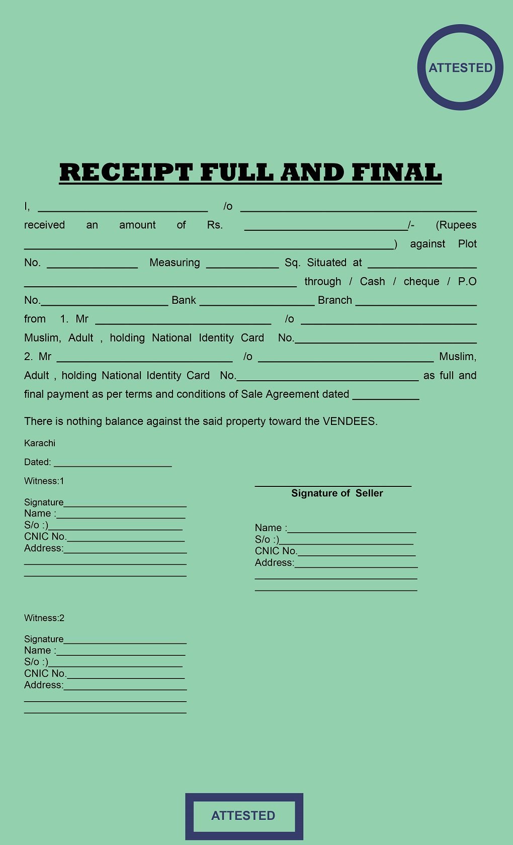 Receipt Full and Final, 2 Purchaser Sale Agreement Pak Agreement,