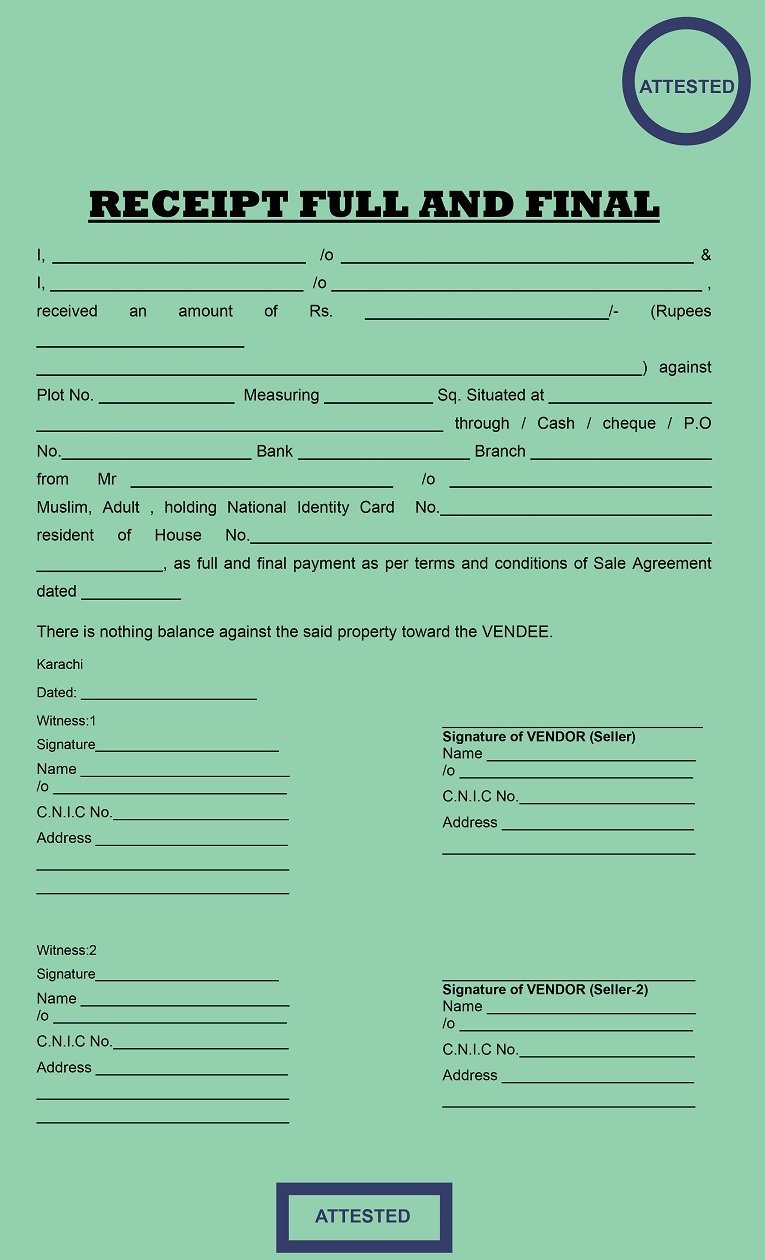 Receipt Full and Final, 2 Seller Sale Agreement Pak Agreement,