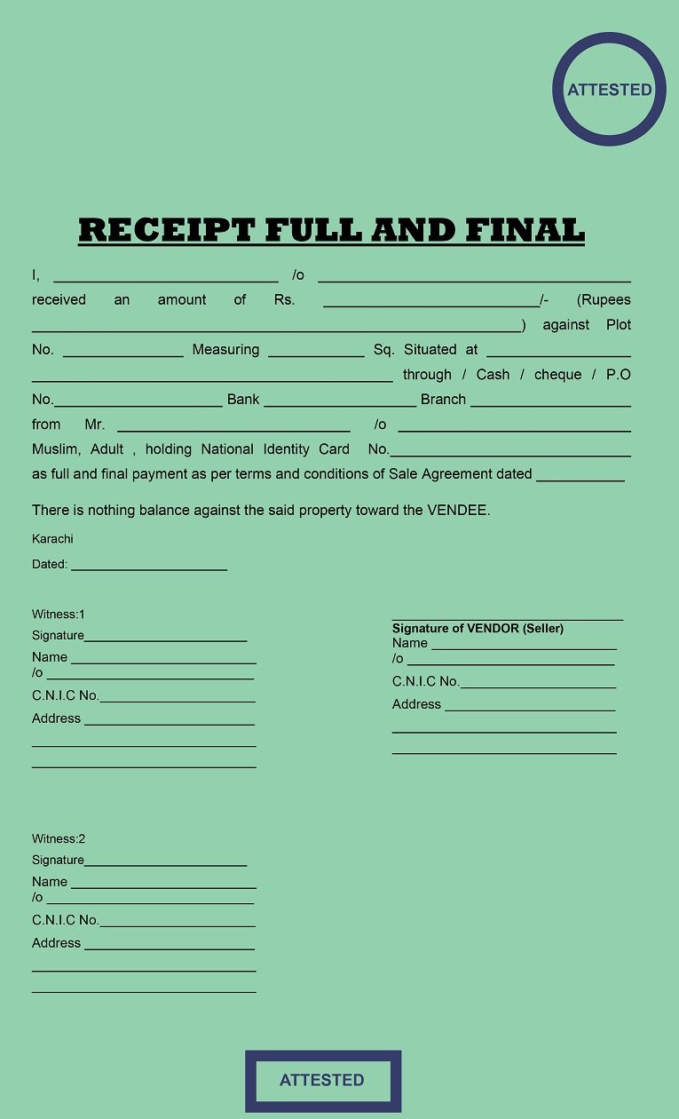 ReceiptFull and Final, Sale Agreement Pak Agreement,
