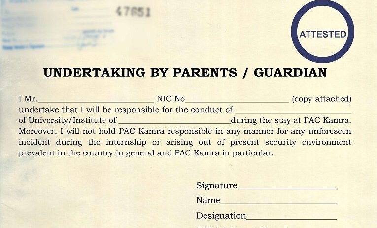 Undertaking by Parents for Internship PAC Kamra PAC Kamra, Undertaking by parents PAC Kamra, Internship undertaking by guardian, Parents undertaking format internship, Guardian undertaking letter Pakistan, Undertaking by parents university format, PAC Kamra undertaking form download, Internship safety undertaking parents, Undertaking letter by guardian template, Parents undertaking student internship, Guardian undertaking PAC internship,